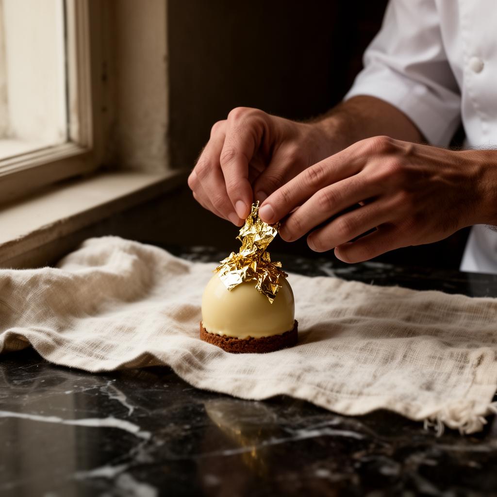 Mão de confeiteiro aplicando folha de ouro em bombom artesanal